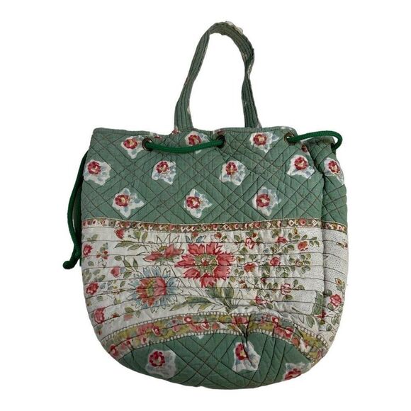 Floral Quilted Boho Bucket Green Drawstring Bag Purse One Handle Medium Roses - Picture 1 of 9